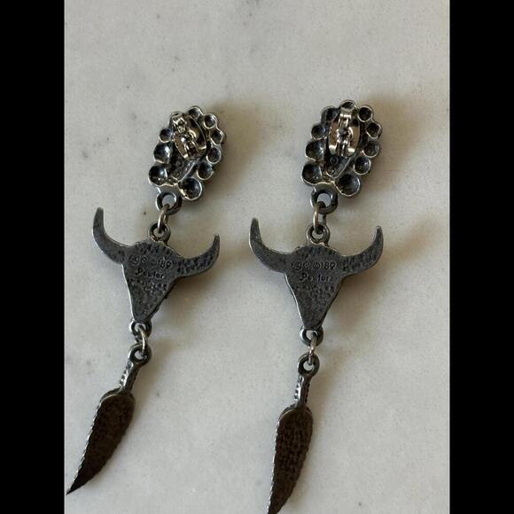 FALL CLEARANCE Vintage 80's Pewter Bull Head Dangle Earrings with Turquoise - Picture 5 of 5